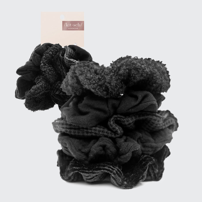 5er-Set Scrunchies mit verschiedenen Strukturen – Schwarz