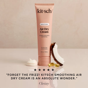 KITSCH Smoothing Air Dry Cream — 5-star customer review graphic — 24-hour frizz control that keeps hair soft, polished, and touchably smooth — free from parabens, phthalates, sulfates, and artificial dyes