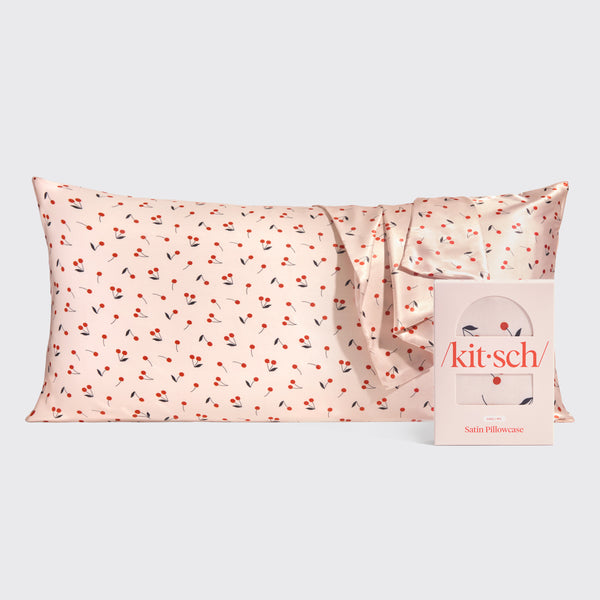 KITSCH Satin Pillowcase in Cherry Print, King — hero shot of the cherry-print satin pillowcase — silky OEKO-TEX satin tames frizz and reduces breakage while you sleep