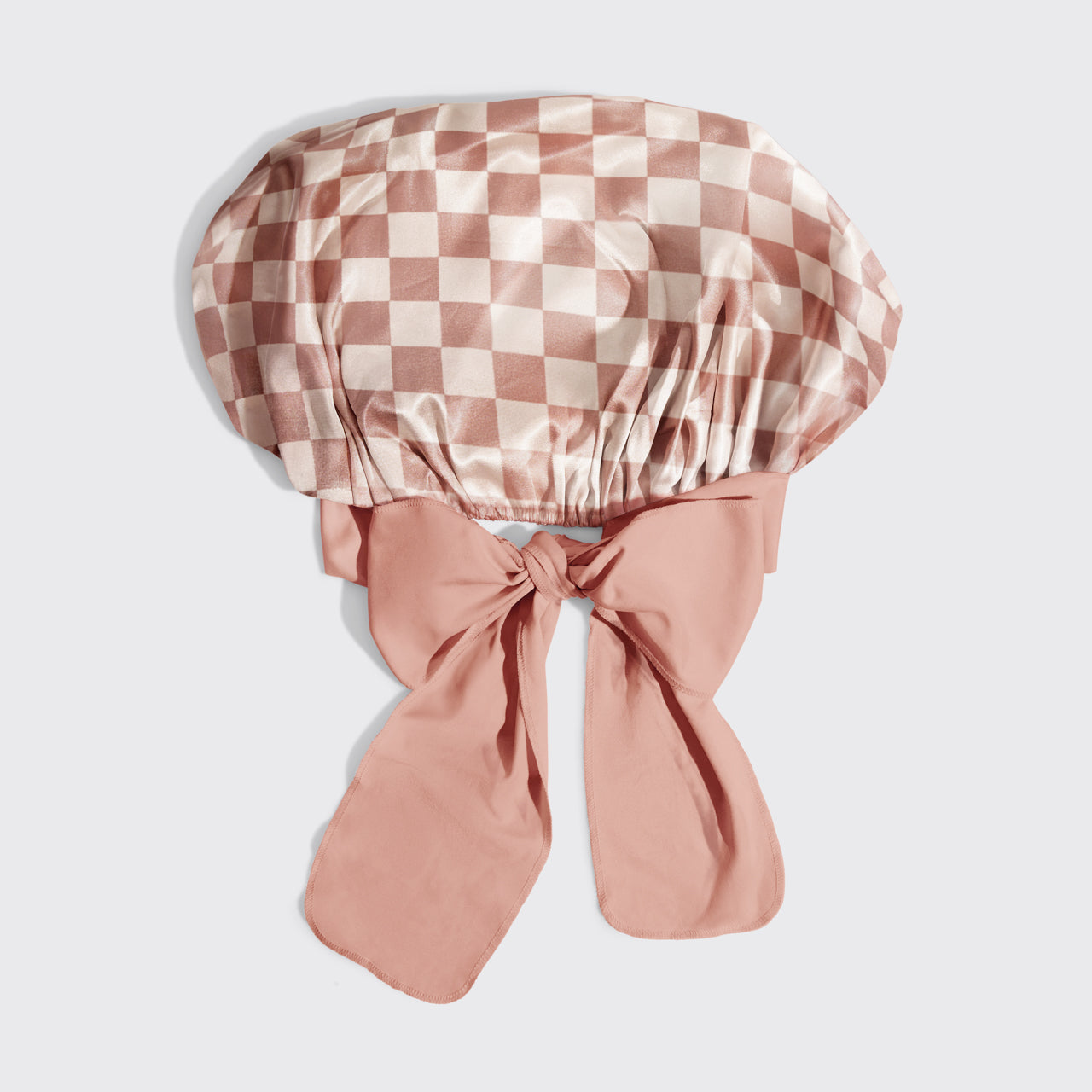 KITSCH Adjustable Oversized Satin Bonnet in Terracotta Checker – checkered print satin sleep bonnet with adjustable tie closure