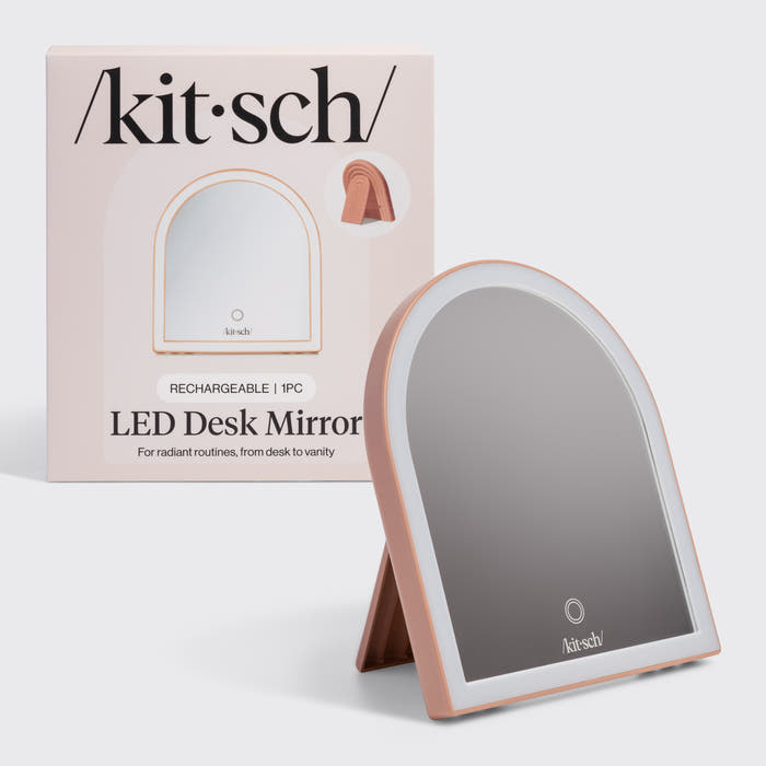Terracotta Arch Desk Mirror in packaging with matching LED mirror displayed beside it