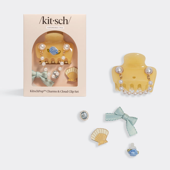 KitschPop Coastal Cottage Cloud clip  Collection 7pc set – Butter Yellow cloud, claw clip, seashell, mint bow, pearl chain, rosette & rhinestone charms