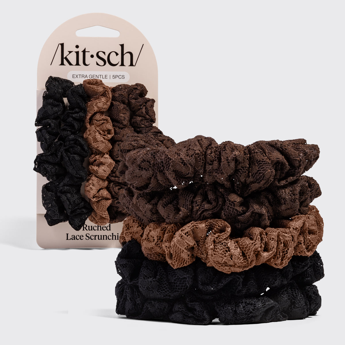 KITSCH Ruched Lace Scrunchies 5pc Set - Black, Chocolate & Mocha - hero product shot