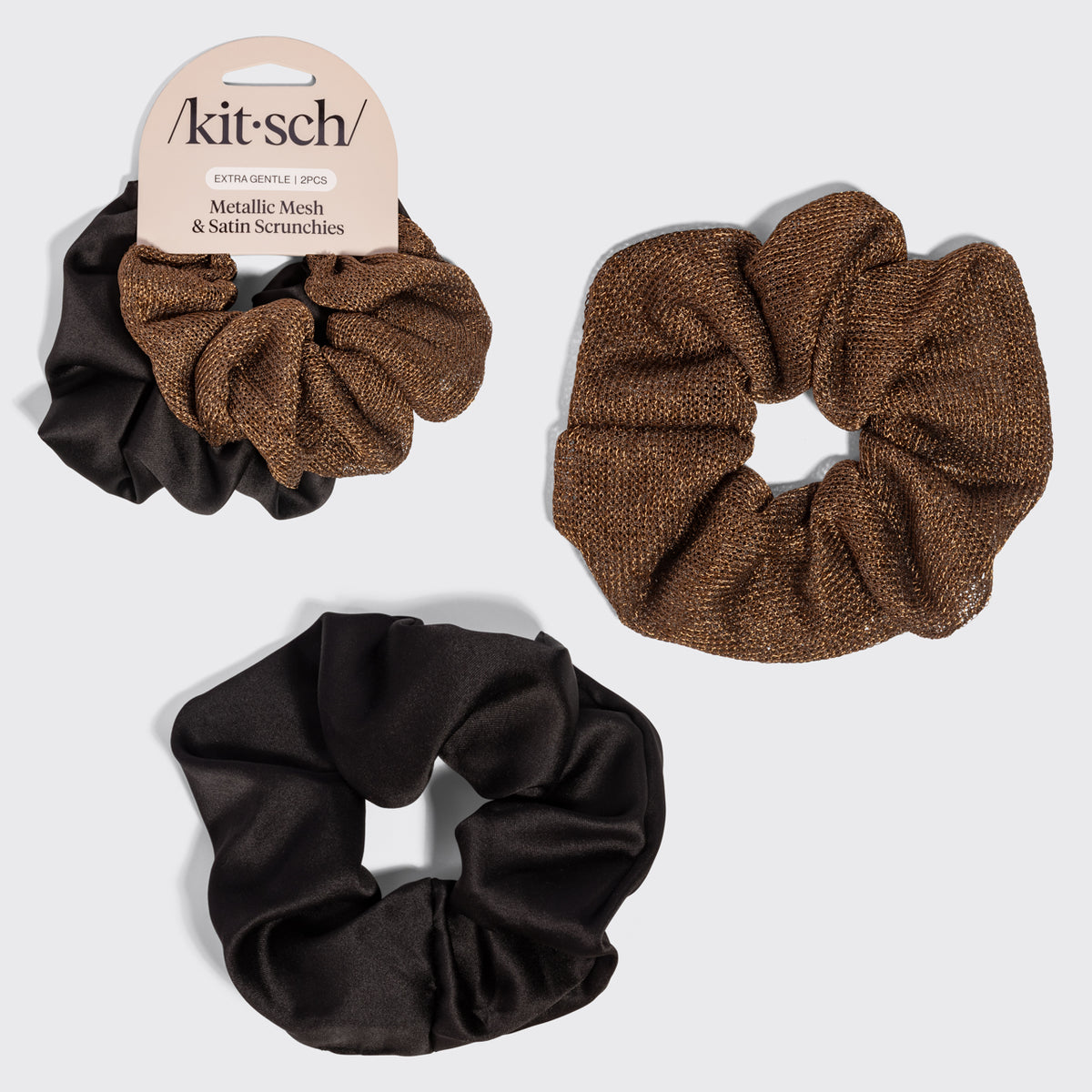 KITSCH Black & Chocolate Metallic Mesh and Satin Scrunchies 2pc Set — hero product shot
