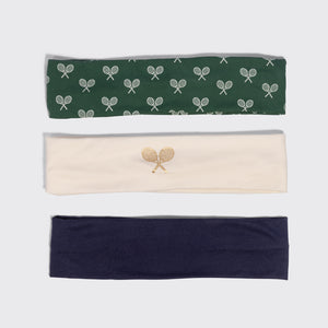 KITSCH Recycled Fabric Active Headbands 3pc Set — the three headbands in cream, court green, and navy blue with tennis racquet print — made from eco-friendly recycled fabric — set of three for on and off the court