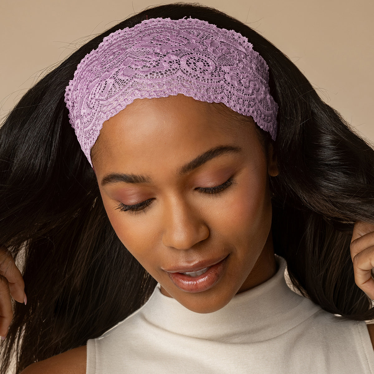 KITSCH Cherry Lacquer & Dusty Pink Wide Lace Headbands 2pc Set — close-up of the dusty pink lace headband at the hairline — no headaches, comfortable and lightweight for all-day wear — all-day wear