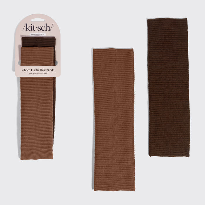 KITSCH Recycled Fabric Ribbed Elastic Headbands 2pc Set — hero product shot of the Mocha & Chocolate ribbed headband duo — 95% recycled polyester, 5% spandex — soft, stretchy hair accessory for everyday wear