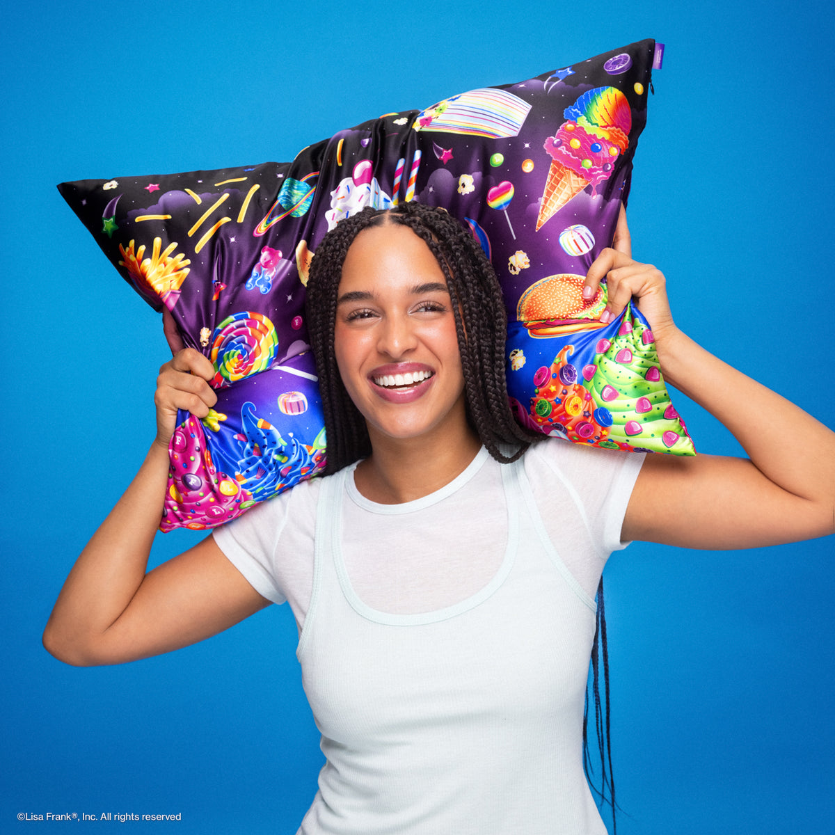 Lisa Frank x Kitsch Satin Pillowcase in Saturn Sundae - on-model lifestyle