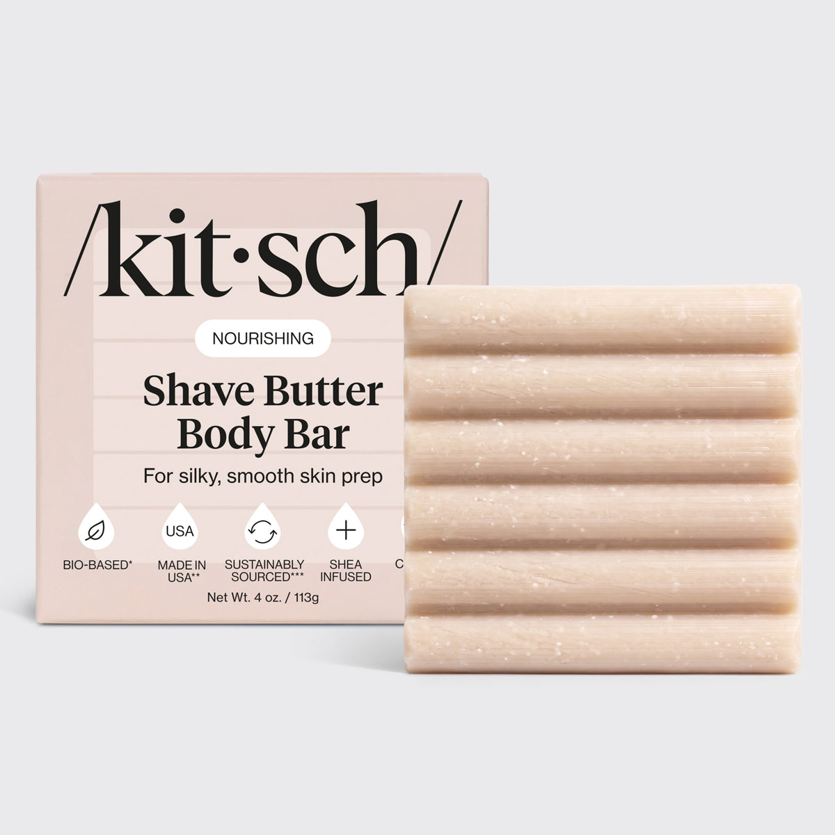 KITSCH Solid Shave Butter — packaging and bar hero shot — Provides a “clear,” mess-free shave that won’t clog your razor like traditional foams — great for all skin types
