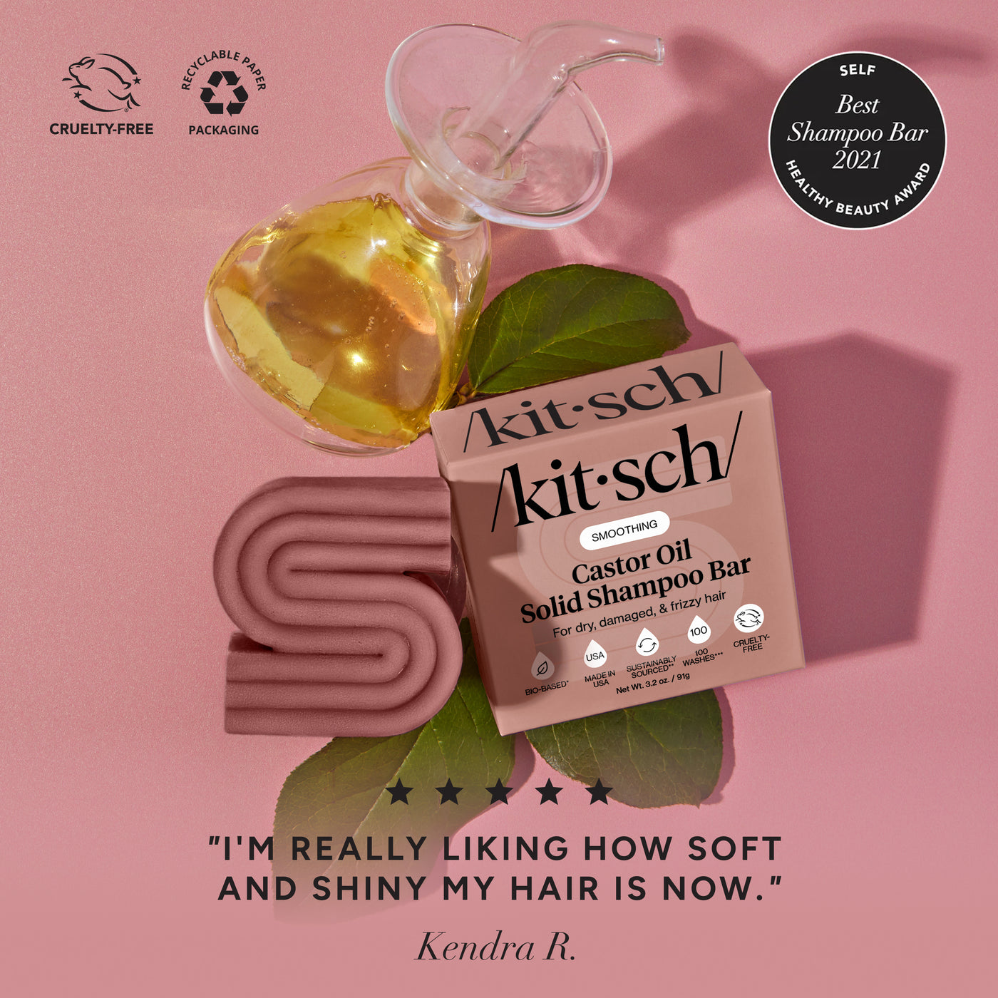 KITSCH Castor Oil Nourishing Shampoo & Conditioner Bar Combo — 5-star customer review for castor oil shampoo bar — nourishes scalp to decrease hair breakage & damage — Fision® EcoSil clinically proven to increase appearance of shine after 5 uses
