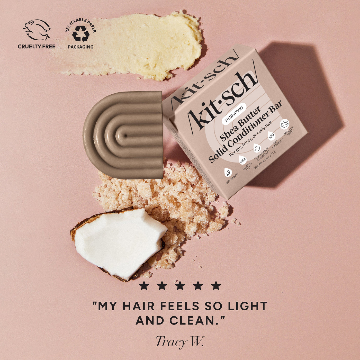 5-star review for KITSCH Shea Butter Hydrating Solid Conditioner Bar — MY HAIR FEELS SO LIGHT AND CLEAN — part of the Bye Buildup Trio