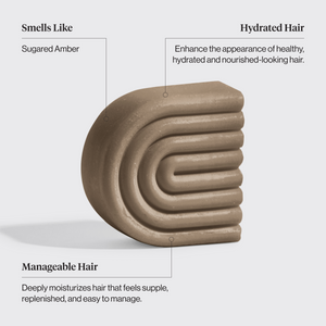 KITSCH Shea Butter Hydrating Solid Conditioner Bar — infographic: Sugared Amber scent, hydrated and nourished hair — part of the Bye Buildup Trio