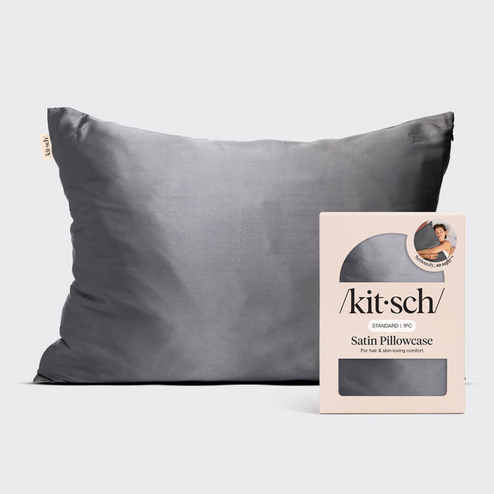 Kitsch Charcoal Satin Pillowcase in standard size displayed on a clean neutral background