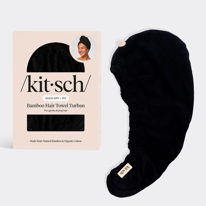 Kitsch Black Microfiber Hair Towel with product packaging.
