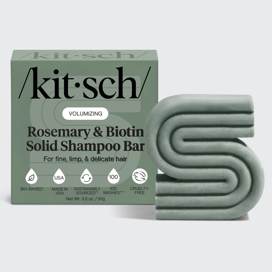 Kitsch Volumizing Rosemary & Biotin Shampoo Bar with retail packaging on a soft neutral background – for fine, limp hair