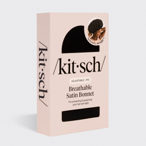 KITSCH Black XL Adjustable Satin Bonnet — packaging shot, /kit·sch/ box — adjustable satin, roomy XL fit