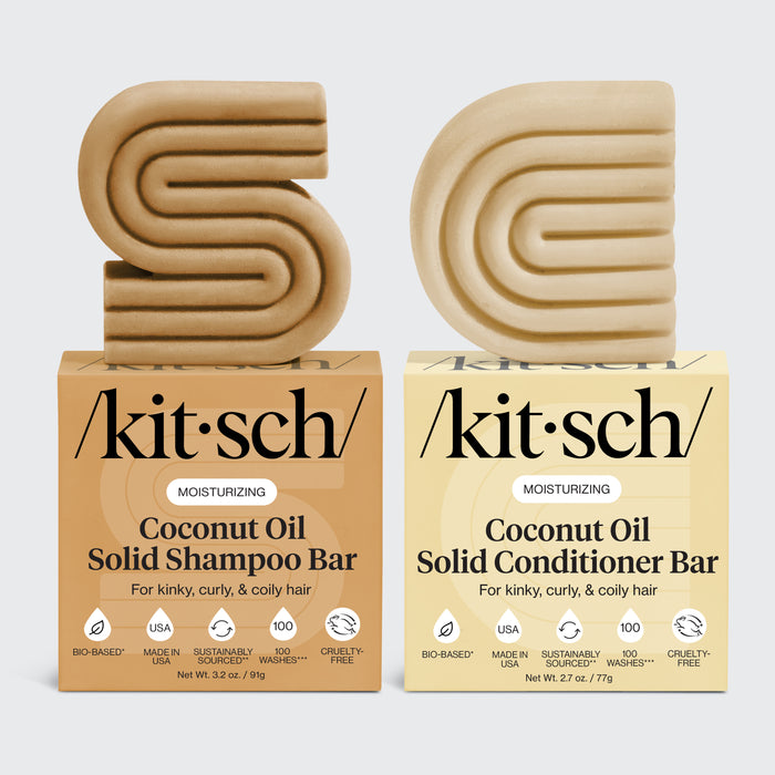 KITSCH Coconut Oil Shampoo & Conditioner Bar Combo for Dry Damaged Hair — hero combo product lineup on light gray background — MOISTURIZING Coconut Oil Solid Shampoo Bar (3.2 oz) + Solid Conditioner Bar (2.7 oz) with retail boxes — For kinky, curly, & coily hair — Bio-based | Made in USA | Sustainably Sourced | 100 Washes | Cruelty-Free — Deeply cleanses and moisturizes kinky, curly, and coily hair from roots to ends