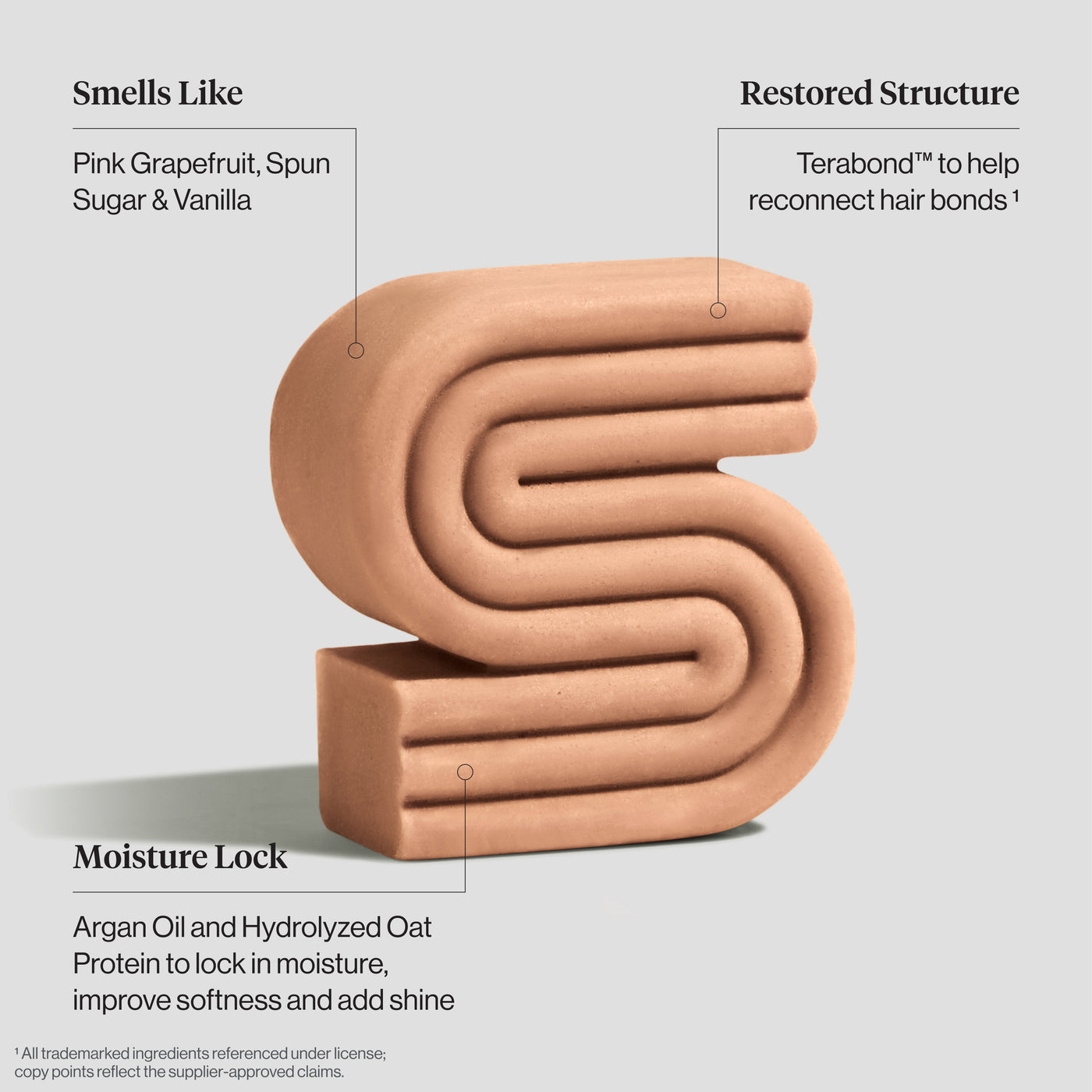 KITSCH Repairing Argan Oil Shampoo Bar — feature infographic on light gray background — S-shaped bar with ingredient callouts — Smells Like: Pink Grapefruit, Spun Sugar & Vanilla | Restored Structure: Terabond™ to help reconnect hair bonds | Moisture Lock: Argan Oil and Hydrolyzed Oat Protein to lock in moisture, improve softness and add shine