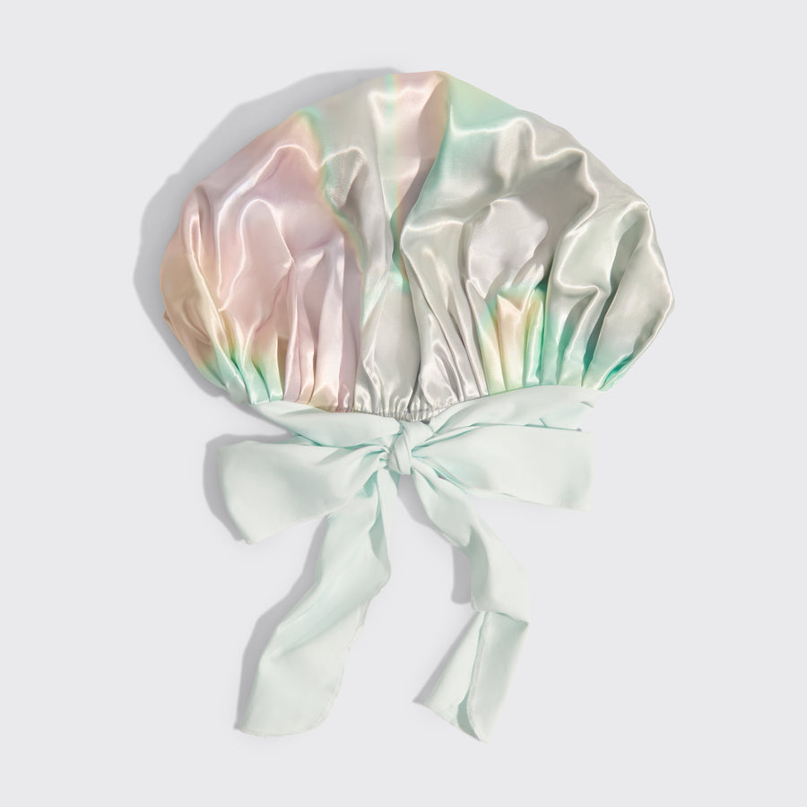 KITSCH Adjustable Oversized Satin Bonnet in Aura – iridescent pastel satin sleep bonnet with adjustable tie closure
