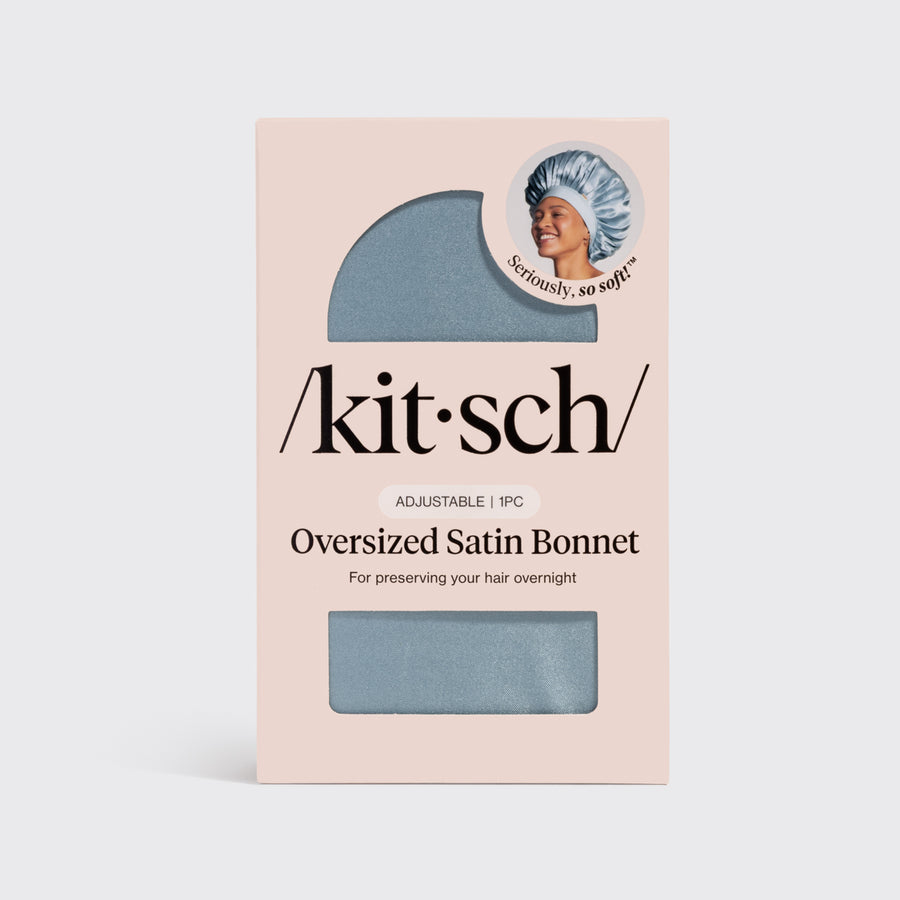 KITSCH Haze Blue Oversized Satin Bonnet — packaging shot — adjustable, double-layered satin
