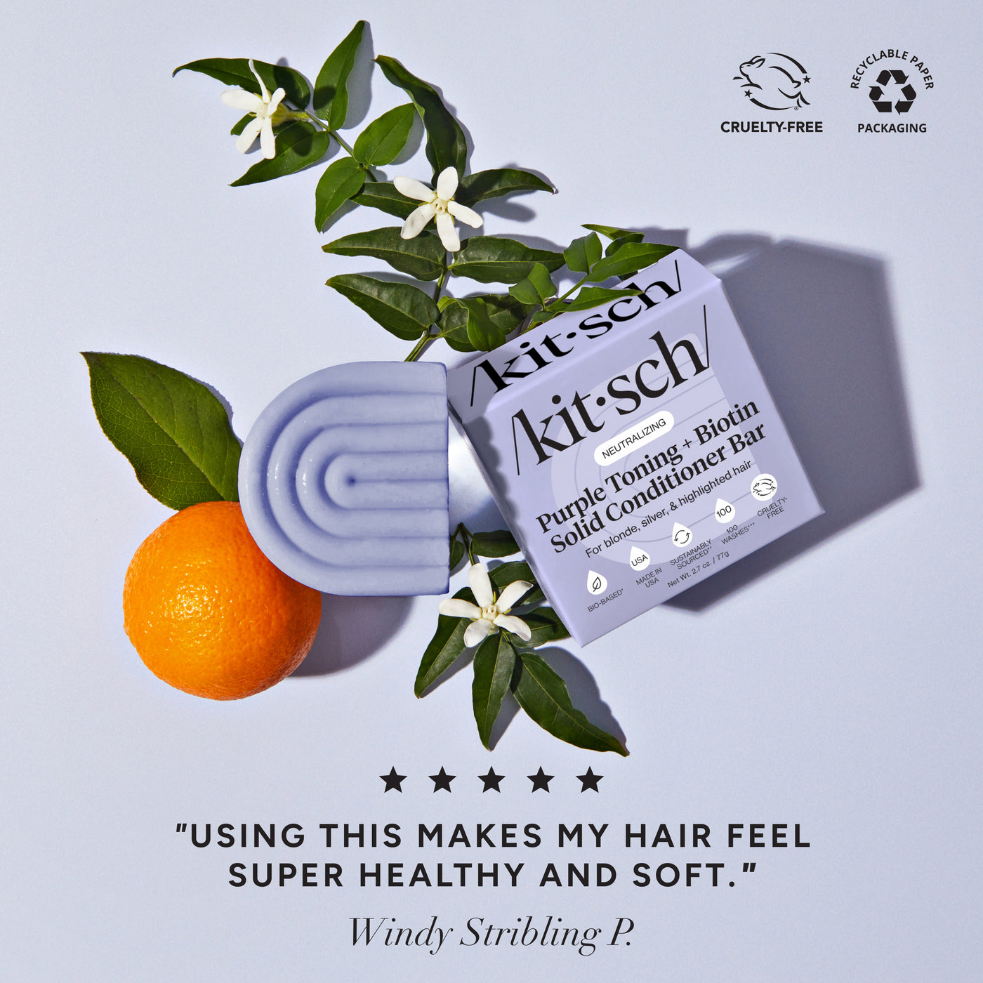 KITSCH Purple Toning Shampoo & Conditioner Bar Combo for Color-Treated & Grey Hair — 5-star customer review for Biotin purple toning conditioner bar — safe for blondes, grey & white hair: color-treated, highlighted & natural — pH balanced, made in the USA