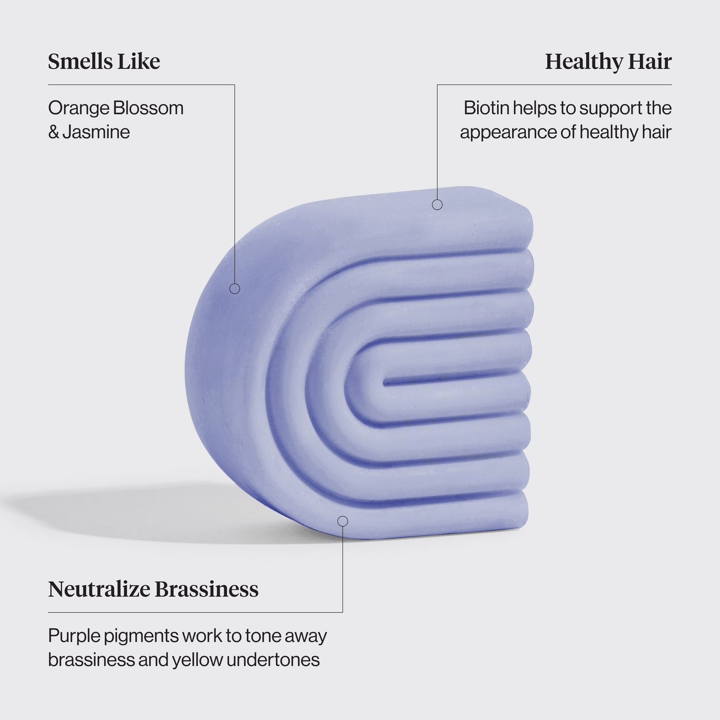 KITSCH Purple Toning Conditioner Bar for Color-Treated & Grey Hair — feature infographic on light background — Smells Like: Orange Blossom & Jasmine | Healthy Hair: Biotin helps to support the appearance of healthy hair | Neutralize Brassiness: Purple pigments work to tone away brassiness and yellow undertones — Enriched with Biotin to boost shine, reduce dullness & strengthen hair