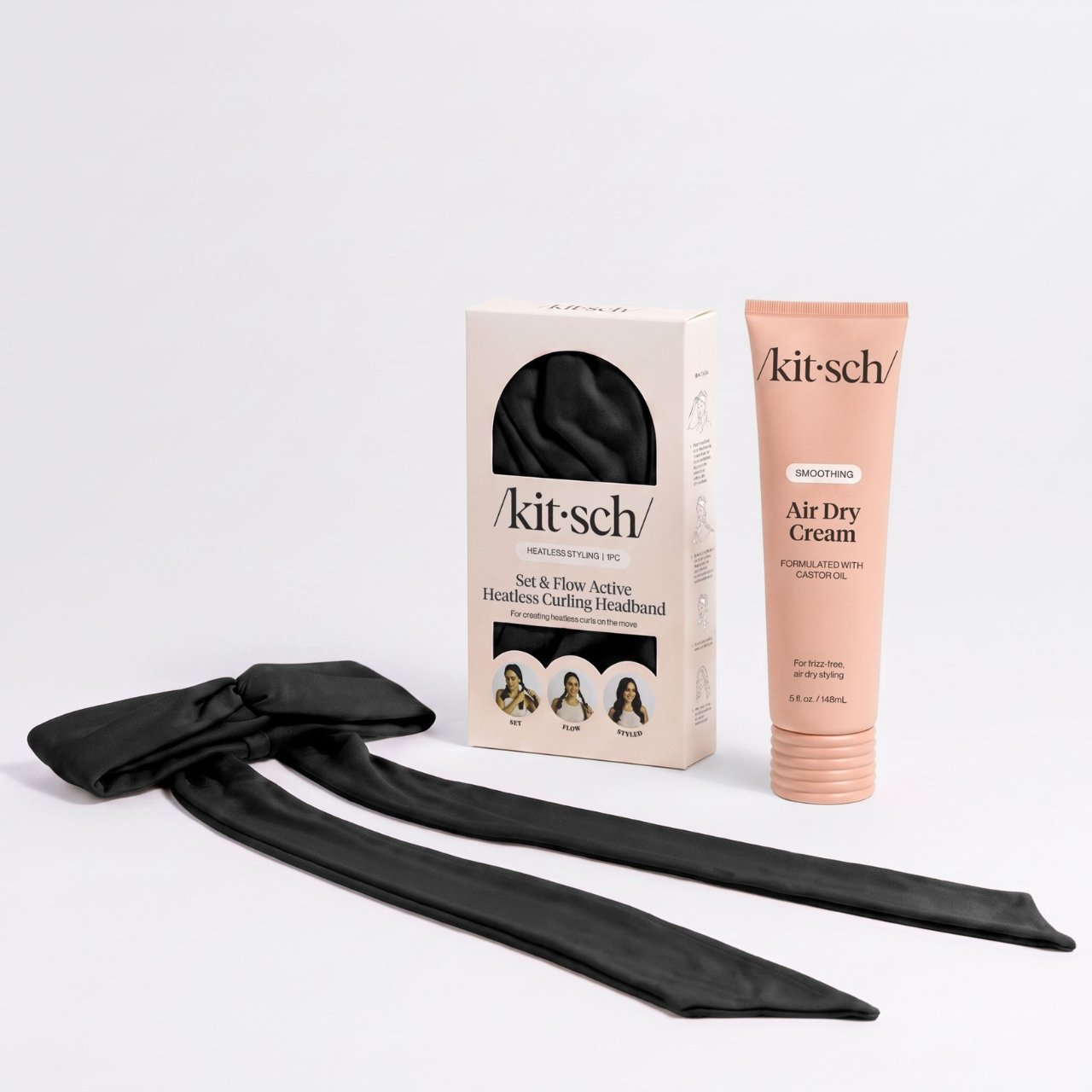 Kitsch Air Dry Cream and black Set & Flow Active Heatless Curling Headband arranged with packaging.