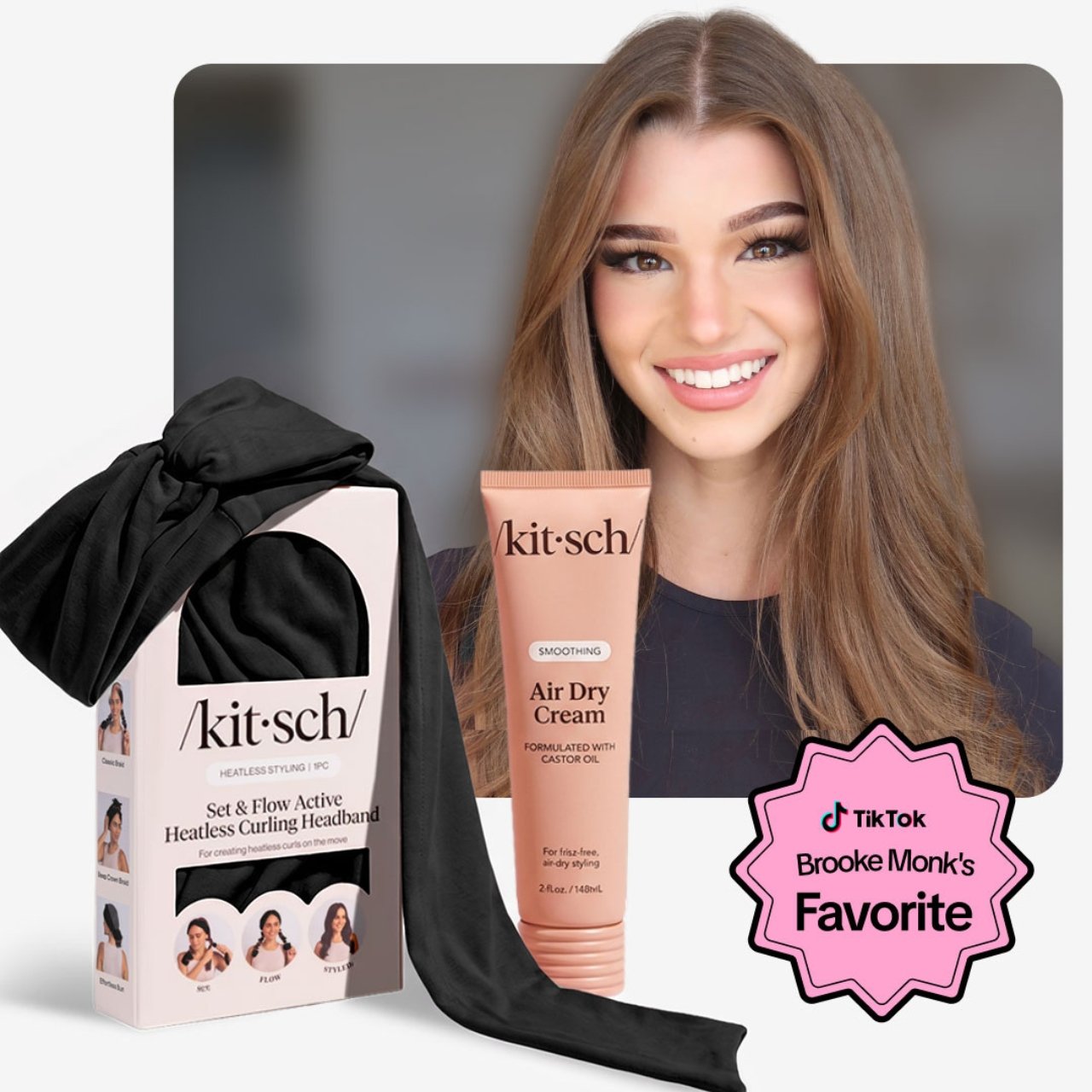 Brooke Monk with Kitsch Air Dry Cream and black Set & Flow Active Heatless Curling Headband.