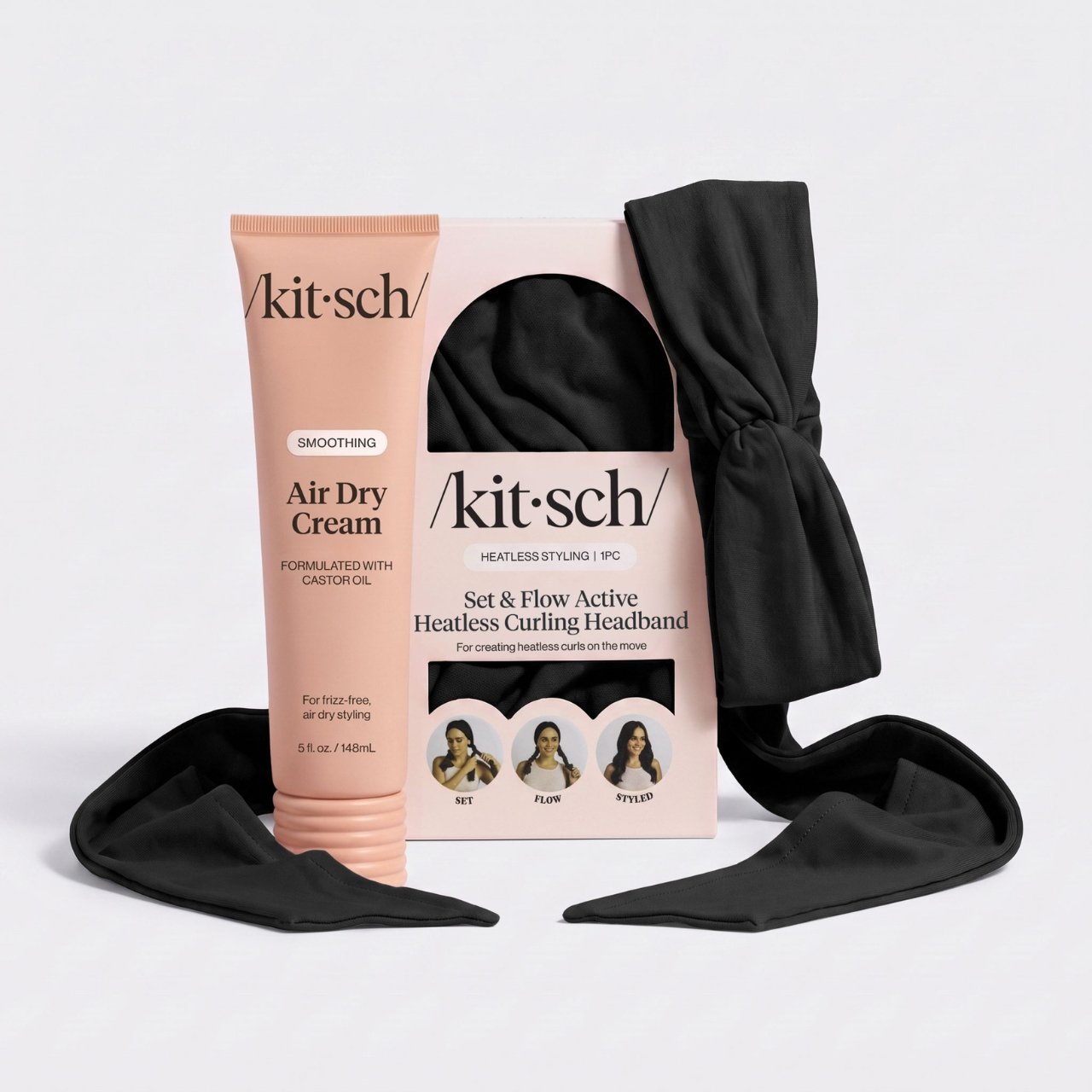 Black Kitsch Set & Flow Active Heatless Curling Headband with packaging and Air Dry Cream.