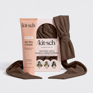 Chocolate Kitsch Set & Flow Active Heatless Curling Headband with packaging and Air Dry Cream.