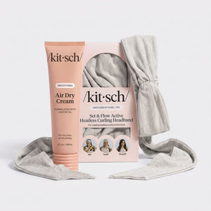Gray Kitsch Set & Flow Active Heatless Curling Headband with packaging and Air Dry Cream.