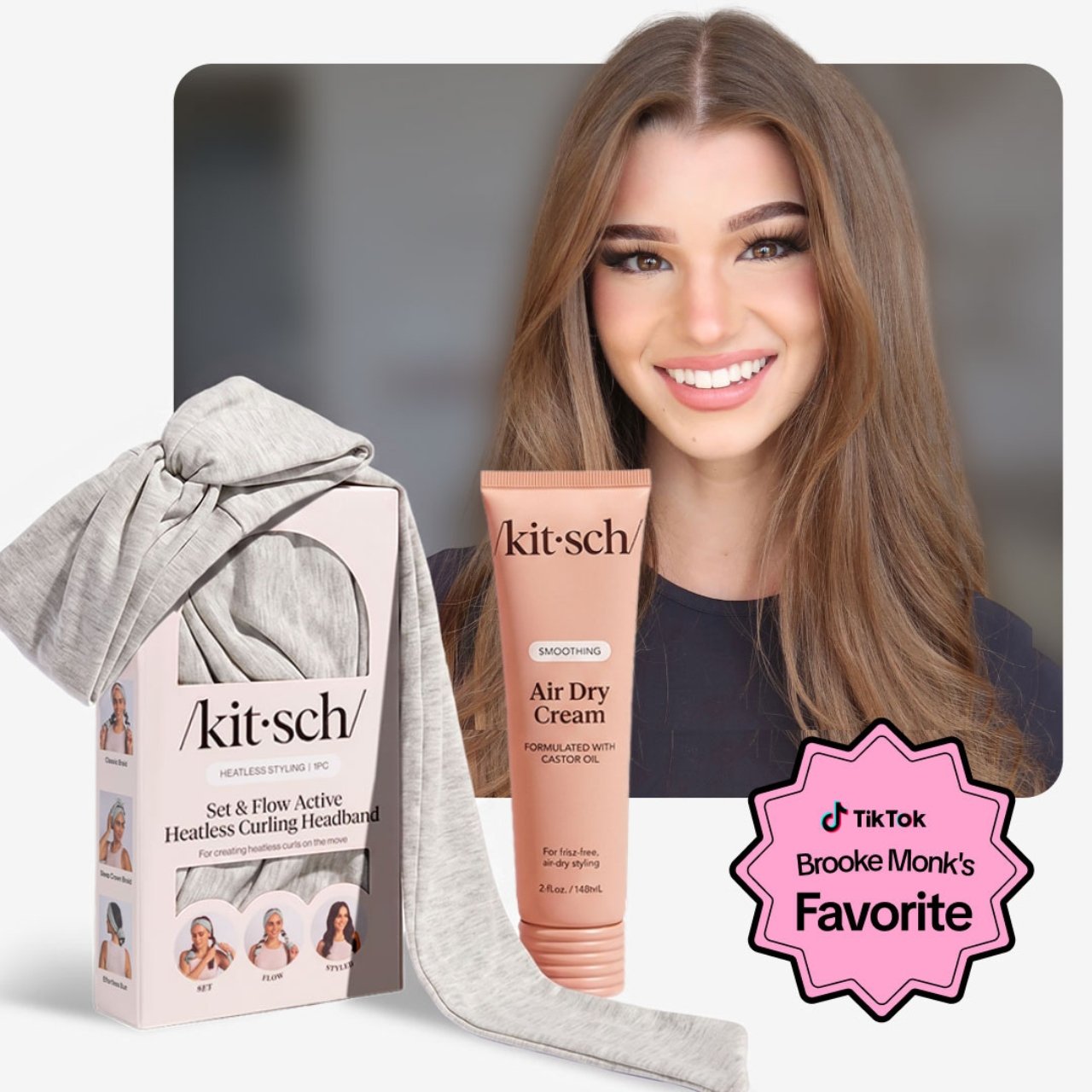 Brooke Monk with Kitsch Air Dry Cream and gray Set & Flow Active Heatless Curling Headband.