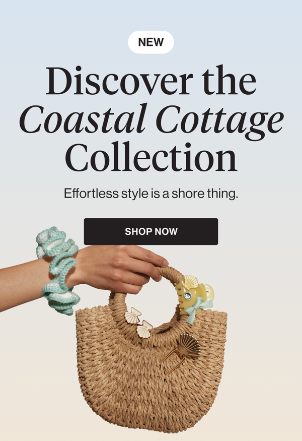 Promotional image for 'Coastal Cottage Collection' with a woven bag and hand holding it, on a light blue and beige gradient background.