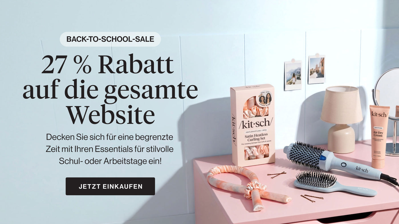Πανό Kitsch Back to School: 27% έκπτωση σε όλο το site, με ποικιλία αξεσουάρ και προϊόντων περιποίησης μαλλιών Kitsch σε ουδέτερο φόντο.