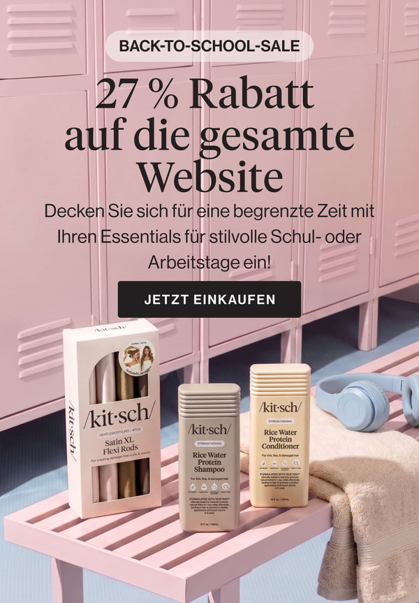 Πανό Kitsch Back to School: 27% έκπτωση σε όλο το site, με ποικιλία αξεσουάρ και προϊόντων περιποίησης μαλλιών Kitsch σε ουδέτερο φόντο.