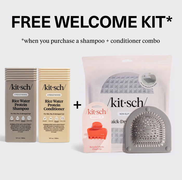 Free Summer Welcome Kit with Rice Water Protein Liquid Shampoo and Conditioner, plus a Quick-Dry Bath Mat, Recycled Plastic Cloud Clip, and Hair Catcher.